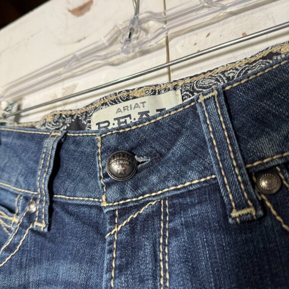 Ariat REAL Bootcut Riding Jeans Whipstitch Dark Blue Low Rise Fray Hem Size 28 - Picture 7 of 14